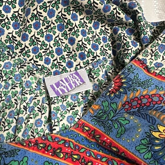 70s Vintage Laura Tyler Floral Folk Print Cotton Muumuu Dress Size Medium - Picture 9 of 10